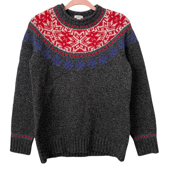 LL Bean Sweater Womens Small Gray Red Fair Isle Lambs Wool Knit Nordic Holiday - Picture 1 of 11